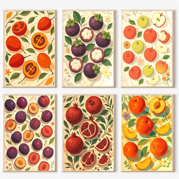pchmcu 6 Pack Retro Fruit Paint by Numbers Kit for Adults Beginner,Vintage Easy Paint by Number on Canvas,Acrylic Oil Watercolor Painting kit Arts and Crafts for Bar Party Room Wall Decor (8x12 inch)