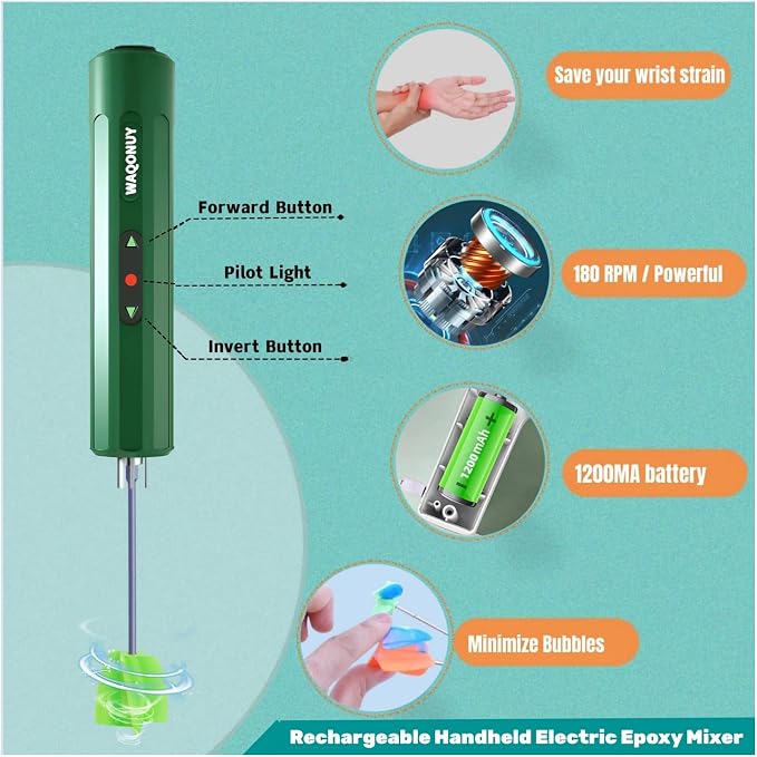 Rechargeable Epoxy Resin Mixer,USB Handheld Electric Resin Mixer for Mixing Epoxy Without Bubbles, Resin Stirrer for Tumblers Epoxy, Resin Molds, Glazes and Paint (Dark Green)