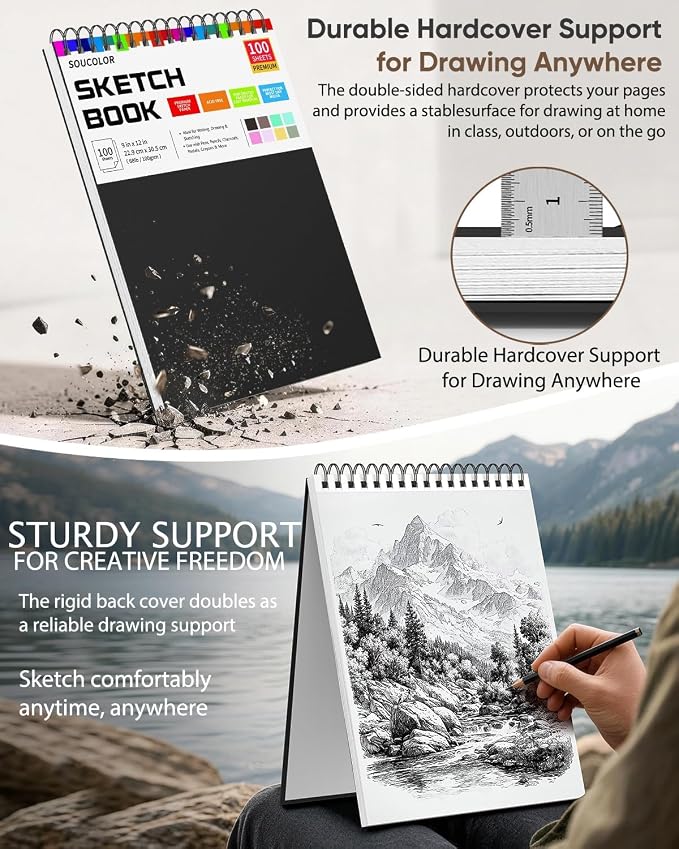 Soucolor 9x12 Hardcover Sketch Book Thick Sketchbook Drawing Paper for Kids | 68lb/100gsm Acid-Free 100 Sheets Spiral Bound,Lay-Flat Sketch Pad with Perforated Pages,Art Supplies for Adults & Teens