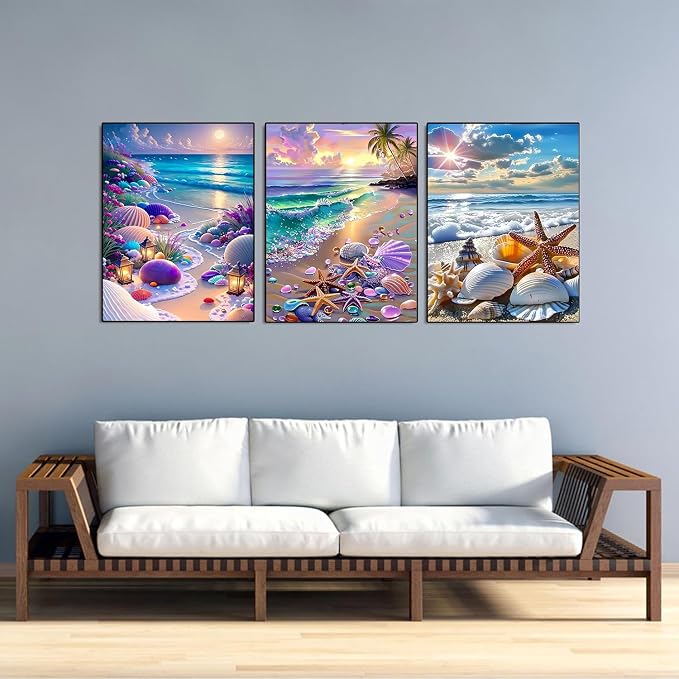 VeGuude Diamond Art Kits for Adults - 3 Pack Beach Diamond Painting for Beginners, Diamond Dots Round 5D Full Drill Paint with Diamonds Pictures Gem Art Painting Kits DIY Crafts Kits 12 x 16inch