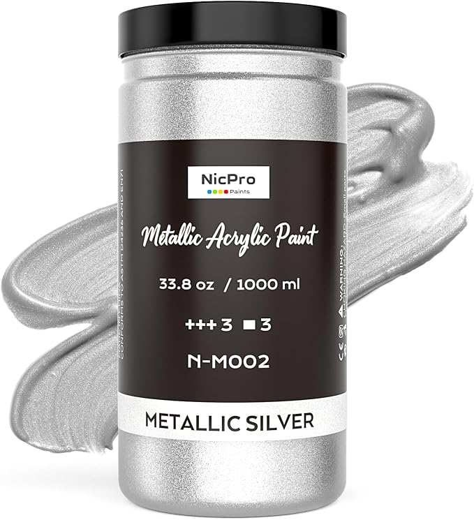 Nicpro Metallic Silver Acrylic Paint, 33.8oz/1000ml Large Silver Leaf Paint | Non Toxic, Non Fading Silver Art Craft Paints for Multi-surface, Wood, Metal, Canvas, Clay, Fabric, Furniture, Handcrafts