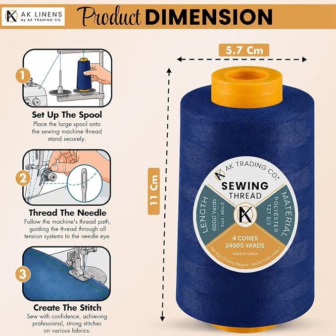 AK TRADING CO. 4-Pack Royal Blue All Purpose Sewing Thread Cones (6000 Yards Each) of High Tensile Polyester Thread Spools for Sewing, Quilting, Serger Machines, Overlock, Merrow & Hand Embroidery