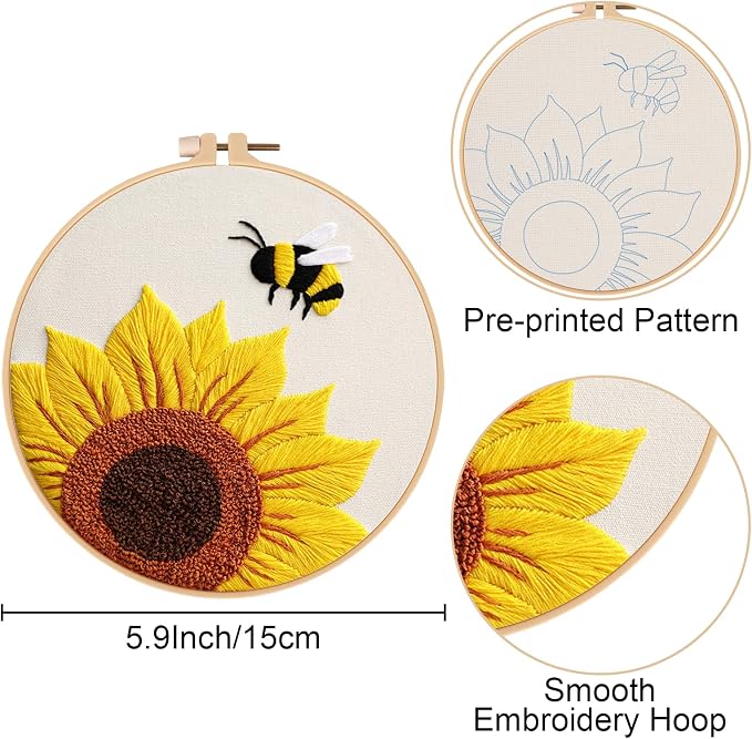 Nuberlic 3 Pack Embroidery Kit for Beginners with Sunflower Pattern