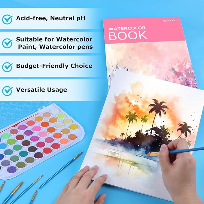 Hapikalor Watercolor Paper Pad, 9"x12" Water Color Paper, 140lb/300gsm Pink | Artist Painting Drawing Paper Book, Art Supplies for Adults Kids, Watercolors, Watercolor Paint Set, Sketchbook, Journal
