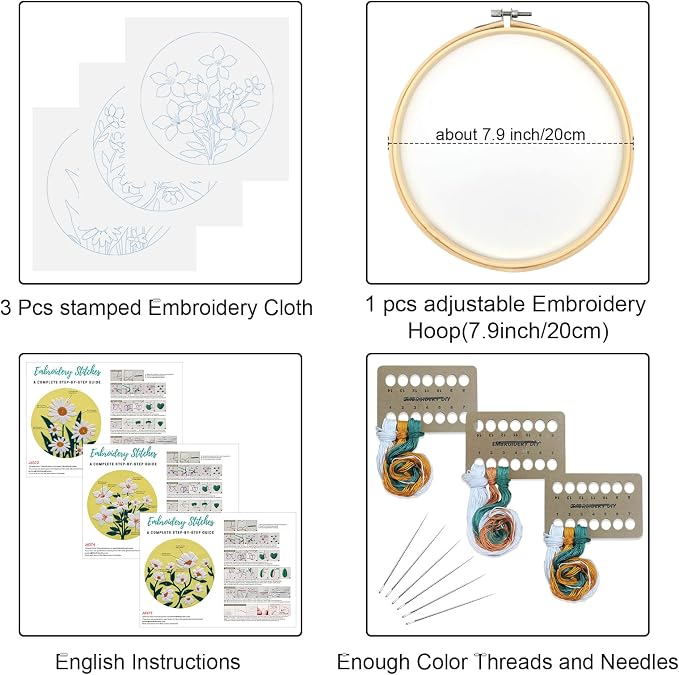 Louise Maelys 3 Pack Floral Embroidery Kit for Beginners with Supplies | Pre-printed Patterns|Hoop| Threads|Instructions|Ideal Cross Stitch Kits for Adults|DIY Needlepoint Kit for Starter Supplies
