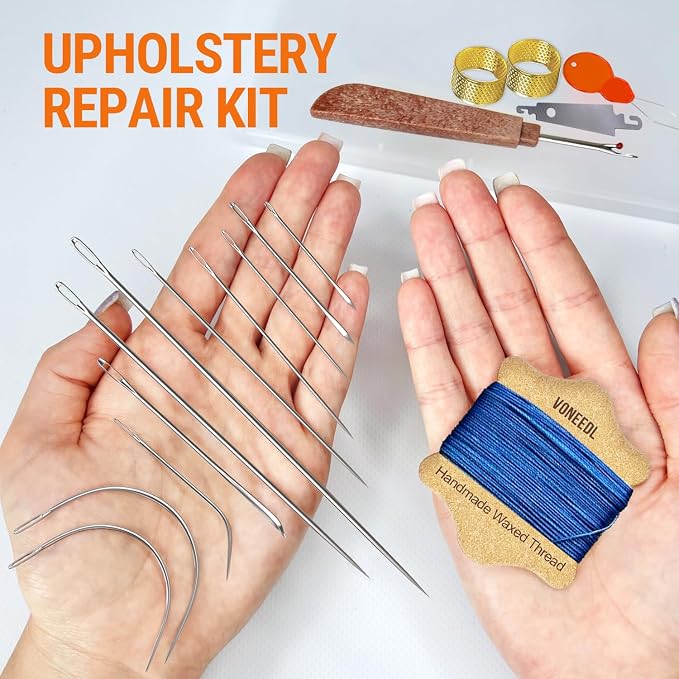 Upholstery Repair Kit: Waxed Sewing Thread (Blue Color) & Heavy Duty Needles (11 PCS) for Leather, Canvas & Quilting Thread