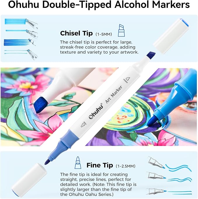 Ohuhu Alcohol Markers for Beginners 48 Colors Fine& Chisel Great Value Pack | Dual Tips Alcohol-based Art Marker for Adult Coloring Illustration Drawing with Colorless Blender Storage Case
