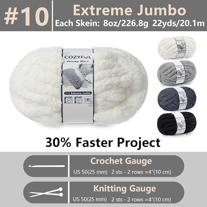 Cozyful Chunky Yarn for Hand Knitting - #10 Chunky Chenille Yarn, Jumbo Big Thick Chunky Yarns for Crocheting, Super Bulky Chunky Knit Blanket Yarns, 8 Skein (22yd, 8oz/Skein), Cream & Multi Grey