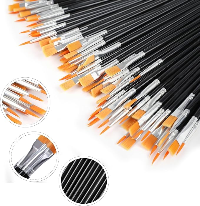 AROIC 200 Pcs Acrylic Paint Brushes, Round Flat Tip Nylon Hair Brush Bulk | Professional Oil Watercolor Artist Painting Brushes, Adult Drawing Kit for Canvas Rock Painting Art Supplies Black