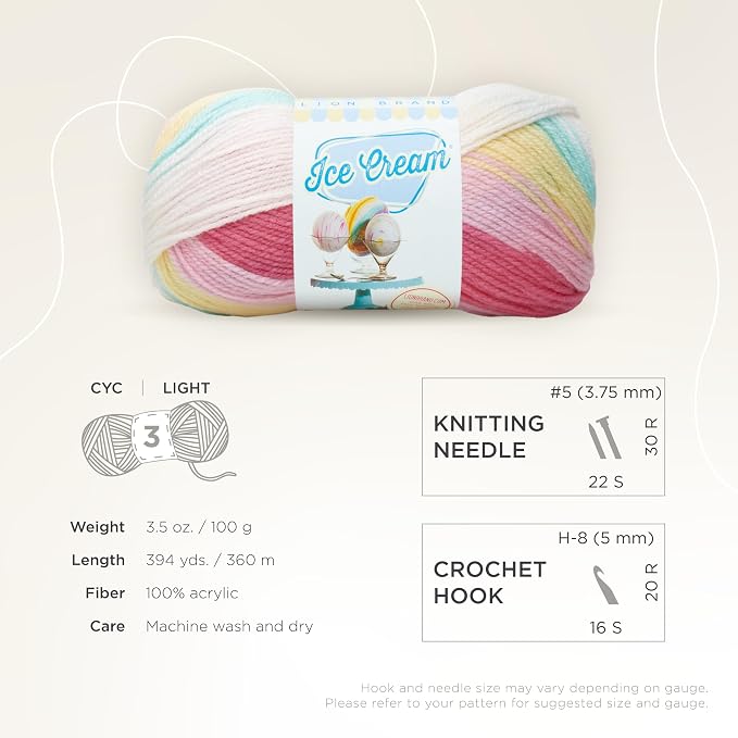 Lion Brand Yarn (1 Skein) Ice Cream Baby Yarn, Tutti Frutti, 1182 Foot (Pack of 1)