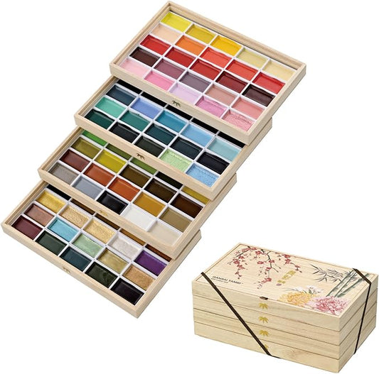 Kuretake Gansai Tambi Watercolor Paint Set, 100 Colors, Wooden Box, Japan | All 100 colors, wooden gift box, includes Starry, Iridescent & Sumi colors, Professional Use, Artist Grade