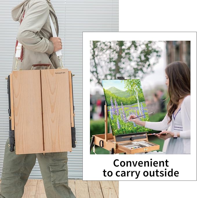 Falling in Art 4 Legs Portable Beechwood French Easel, Natural | Plein Air Easel with Bigger Storage Drawer, Full Size Sketchbox Travel Easel for Painting, Drawing, Artwork