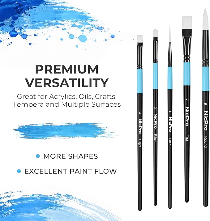 Nicpro 12pcs Artist Paint Brush Set, Paint Brushes for Acrylic Painting | Firm Synthetic Bristle Paintbrushes with Flat Round Filbert Angle Bright Liner for Oil Gouache, Tempera, Craft, Model, Fabric