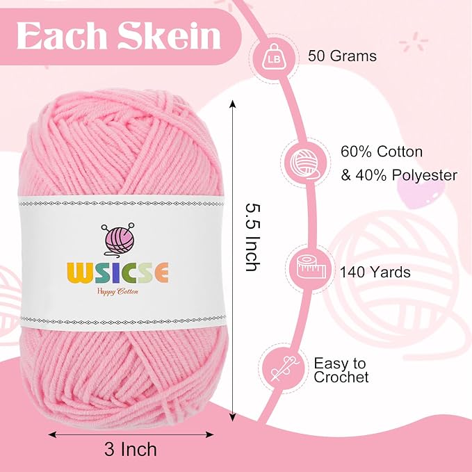 4 Pack Crochet Yarn, 560 Yard Soft Pink Yarn for Hand Knitting Decor Gifts | 60% Cotton, 40% Polyester, 4 x 50G Skeins, for Crochet and Knitting, Soft, Durable, for 3-4 mm Needles, 2-3 mm Crochet Hooks