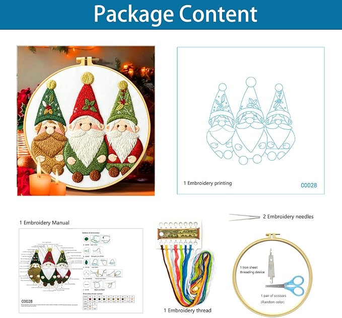 Zhenqing Christmas Gnome Embroidery Kit for Beginners, 3 Gnomes Needlework Kit with Pre-Printed Cotton Fabric, Hoop, Threads & Tools (C0028)