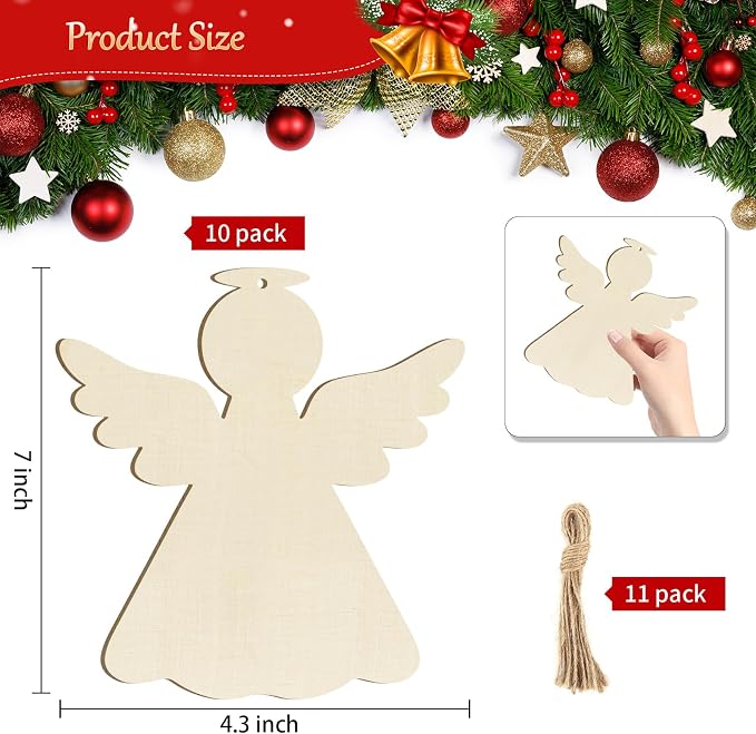 Large Christmas Wooden Ornaments to Paint 10Pcs, DIY Blank Unfinished Angel Wood Cutout Ornament for Crafts Hanging Decorations, Thanksgiving Wedding Birthday Party Decoration
