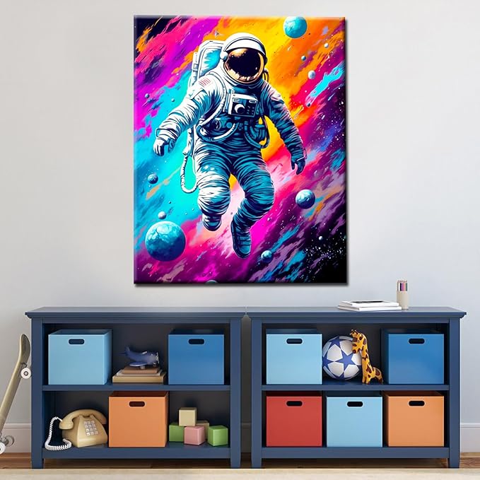 Planet Astronaut on Galaxy Paint by Bumbers for Adults Graffiti Outer Space DIY Paint by Numbers Acrylic Paint Canvas Kitchen Decor Planet Pop Art Painting Kits Pop Decor 16x20 Inch（without Frame ）