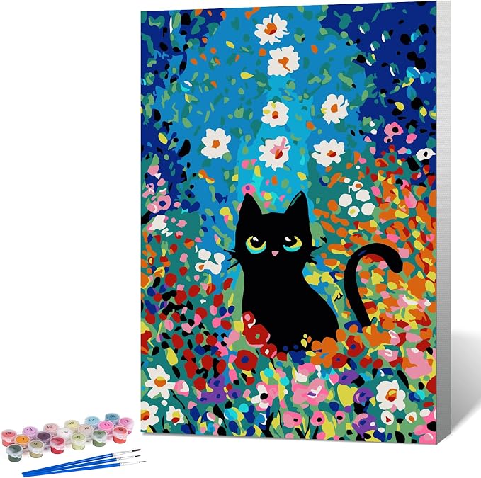 Framed Paint by Numbers Kit for Adults Beginner 8x12 IN, Flowers Cat