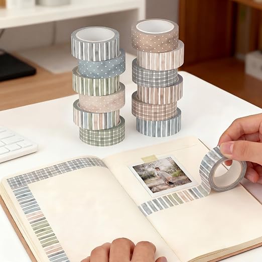 12 Rolls Floral Washi Tape Set,Watercolor,Stripes and Plaid | Watercolor Flowers Design for Scrapbook Journal DIY Craft School Supplies, 15 mm Vintage Decorative Masking Washi Tapes