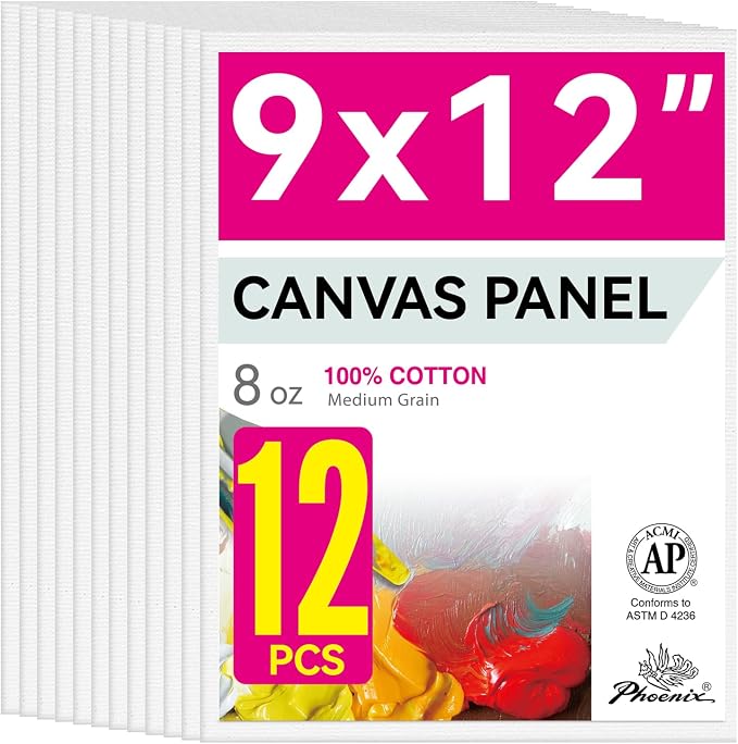 PHOENIX Painting Canvas Panels 9x12 Inch, 12 Value Pack - 8 Oz Triple Primed 100% Cotton Acid Free Canvas Boards for Painting, White Blank Flat Canvas Boards for Acrylic, Oil Paints
