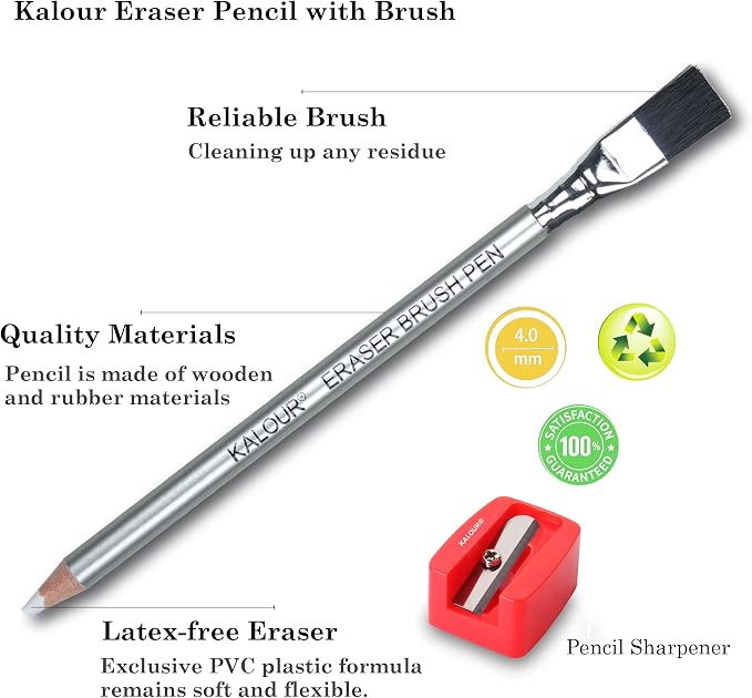 KALOUR Detail Eraser Pencil - 6pc Pencils with Brush and 2pc Sharpener,Erasing Small Details or add Highlights for Sketching, Charcoal Drawings. Fine Detail Eraser for Beginners & Artists