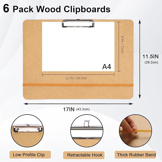 6 Pcs 11x17 Clipboard, Wooden Landscape Lap Board with Low Profile Clip & Rubber Band, Horizontal Large Art Boards for Drawing Sketching