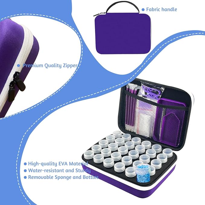 30 Slot Diamond Painting Storage Containers | Purple 30-slot storage box with tools & accessories for diamond art