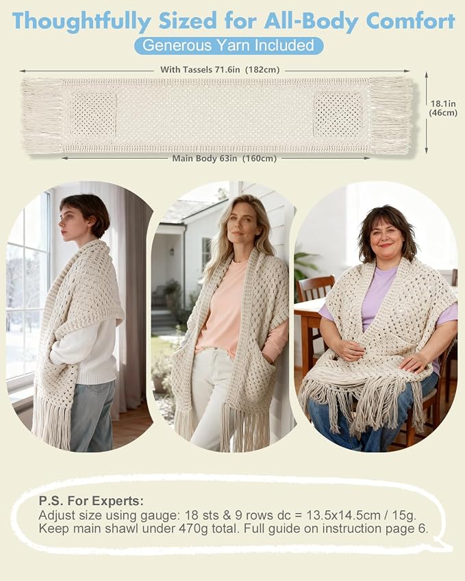Arborthread Crochet Kit for Beginners, Easy All-Season Pocket Shawl & Scarf Crochet Kit for Adults w/Ample Premium Yarn to Fit Different Sizes, Step-by-Step Video & Instructions, Light Khaki