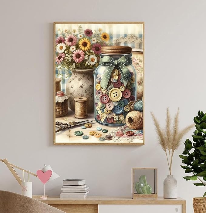 Accompany Wind 5D Diamond Painting Kits for Adults -Vintage Sewing Room with Buttons Jar Full Drill Diamond Art Craft Kits for Adults - Diamond Art Kits for Home Wall Decor 12×16 Inch
