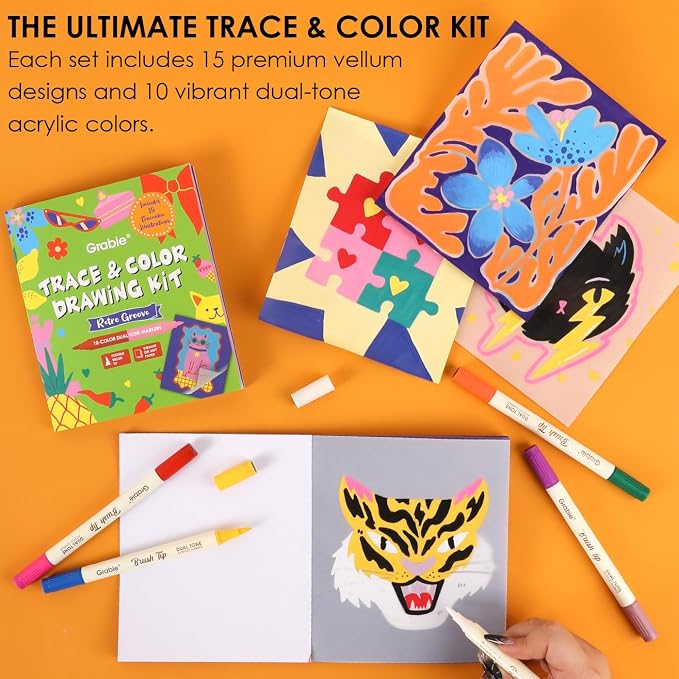 Grabie Trace & Color Drawing Kit, Pack of 5 Dual Tip Markers, Retro Groove