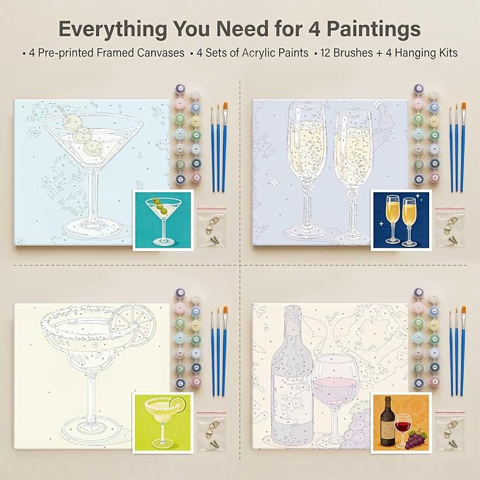 Amphol 4 Pack Framed Paint by Numbers Kit for Adults, Vintage Bar Easy Paint by Numbers for Beginners with Frame, 10x10 Inch Framed Wine Oil Painting Art on Canvas for Home Wall Decor and Gift