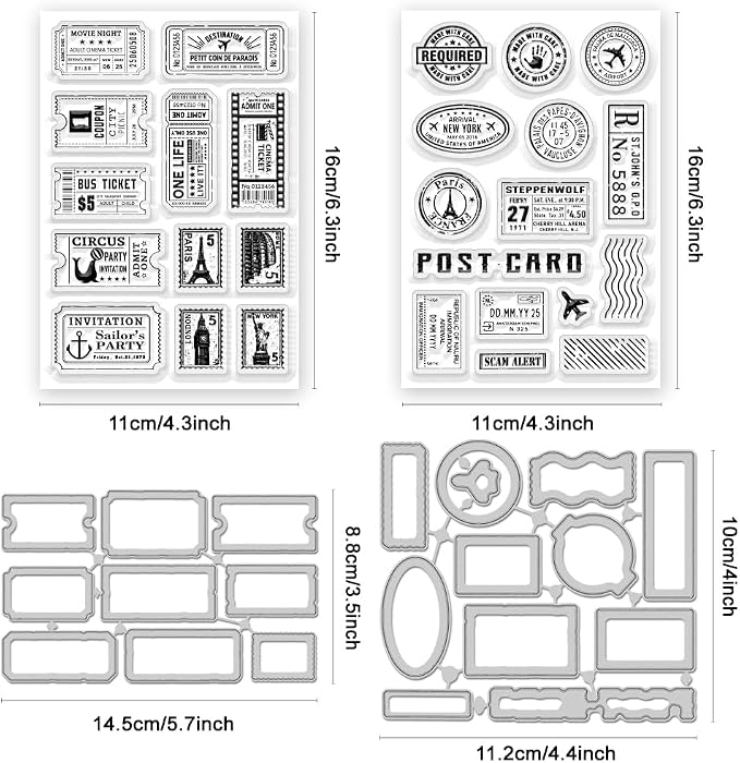 48Pcs Vintage Clear Stamps and Dies for Card Making Postcards Postmarks Labels Rubber Clear Stamps Retro Template for Album Paper Scrapbooking Photo Journal DIY Crafting