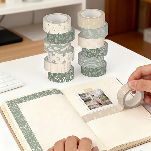 12 Rolls Floral Washi Tape Set,Sage Green,Leaves | Watercolor Flowers Design for Scrapbook Journal DIY Craft School Supplies, 15 mm Vintage Decorative Masking Washi Tapes