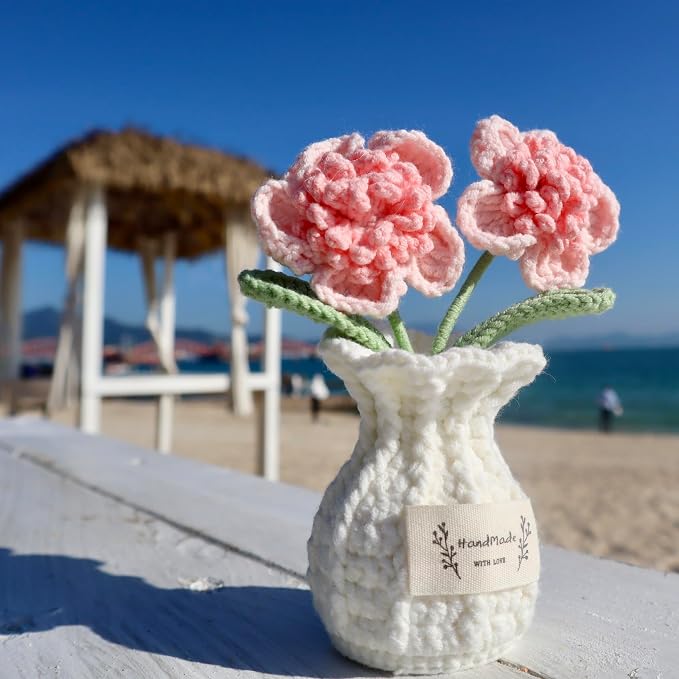 Crochet Paris Polyphylla Flower Pot Handmade Knitted Desk Decor Pink Potted Plant for Home Office