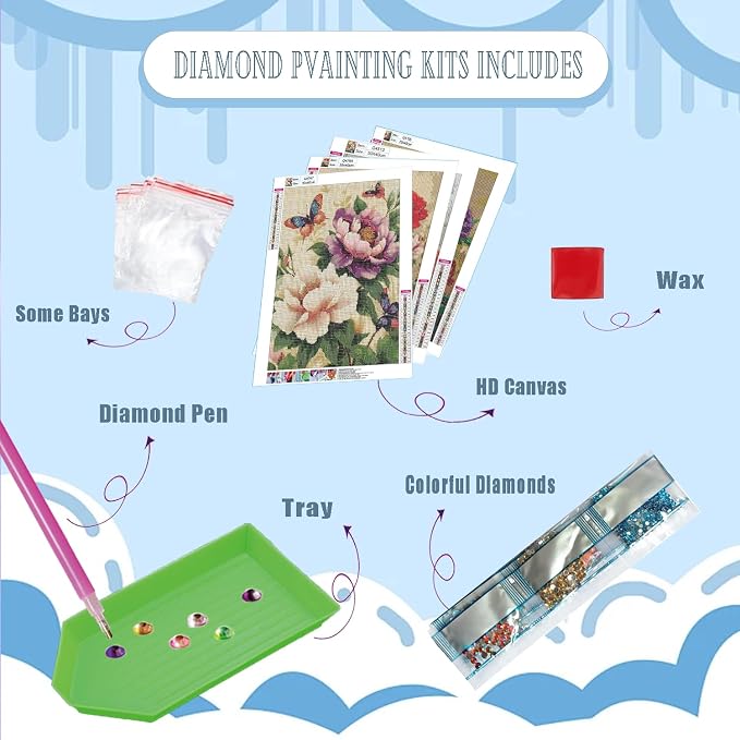 DOZEEZOP 4-Pack Diamond Art Kit for Adults, 5D Diamond Painting 12x16 Inch | Flowers pictures, Full Round Drills, Home Wall & Shelf Decor, Beginner-Friendly DIY Craft, Stress Relief, All-Occasion Gift