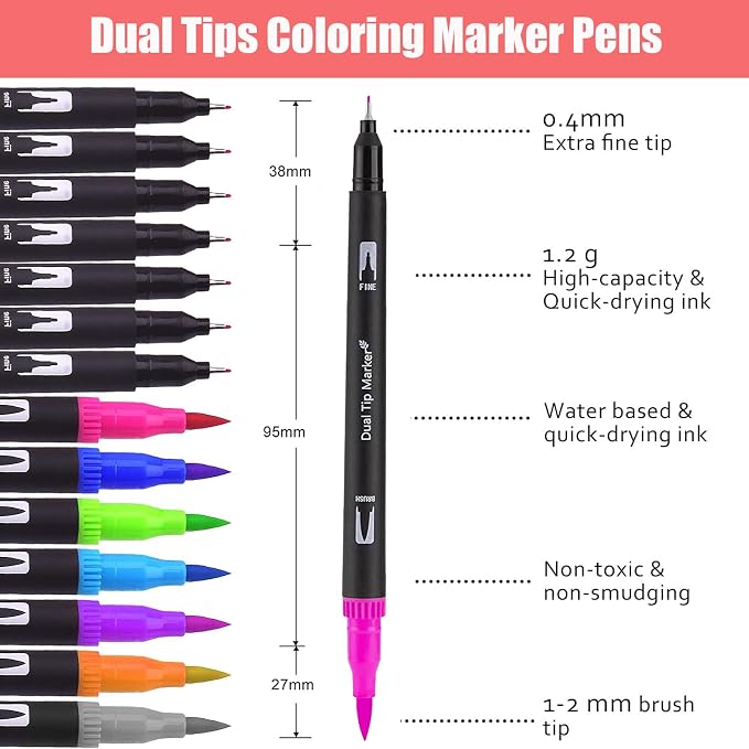 Red & Pink Double Tip Brush Pens Art Markers,24 Colored Artist Fine Brush Pen Coloring Markers for Adult Drawing Art Craft Kit