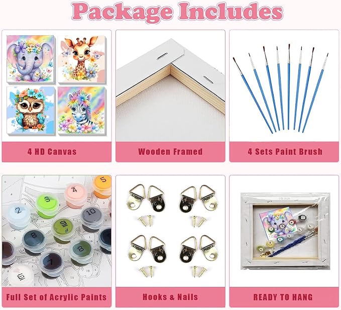 4 Pack Animal Paint by Number for Kids with Wooden Frame - Wooden Easel | Paint by Numbers for Kids Ages 4-8-12, Easy Elephant Owl Giraffe Zebra DIY Oil Painting Kits for Home Wall Decor (8X8 inch)