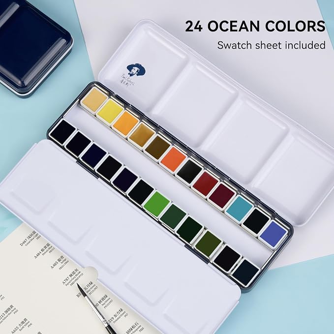 Paul Rubens Artist Watercolor Set, 24 Vibrant Ocean Colors for Seascape | High Lightfastness & Unmatched Transparency, Portable Metal Case Art Supplies for Artists Beginners Hobbyists Students