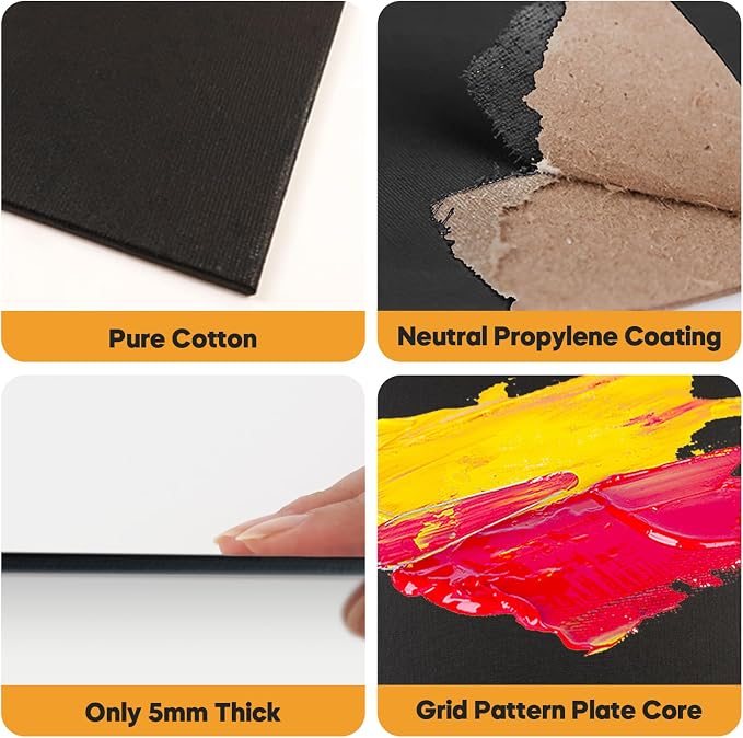 Conda Black Canvas Panels Multi Size Pack - Acid-Free Primed Surface for Oil Acrylic Watercolor Painting (11x14 9x12 8x10 5x7, 12-Pack)