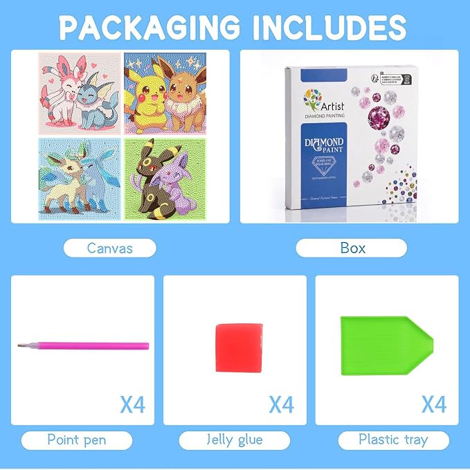 LWZAYS 4 Pack 5D Anime Diamond Painting Kits for Kids, Gem Crafts for Kids | DIY Crafts Diamond Art Kit for Kids,Full Round Drill Big Gem Art for Kid,Home Wall Decoration 6X6 inch
