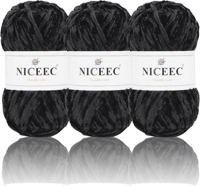 NICEEC 3 Skeins Soft Chenille Yarn 3 x85m (3X 93yds, 3X 50g)_Black