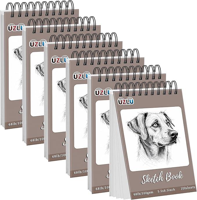 UZLU 6 Pcs Sketch Book Bulk 5.5 x 8.5 in 600 Sheets Top Spiral Bound Sketch Pad Drawing Paper 100 Sheets Each Acid Free Mixed Media Sketchbook 68lb/100gsm Art Supplies for Beginner Artist