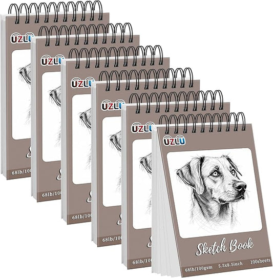 UZLU 6 Pcs Sketch Book Bulk 5.5 x 8.5 in 600 Sheets Top Spiral Bound Sketch Pad Drawing Paper 100 Sheets Each Acid Free Mixed Media Sketchbook 68lb/100gsm Art Supplies for Beginner Artist