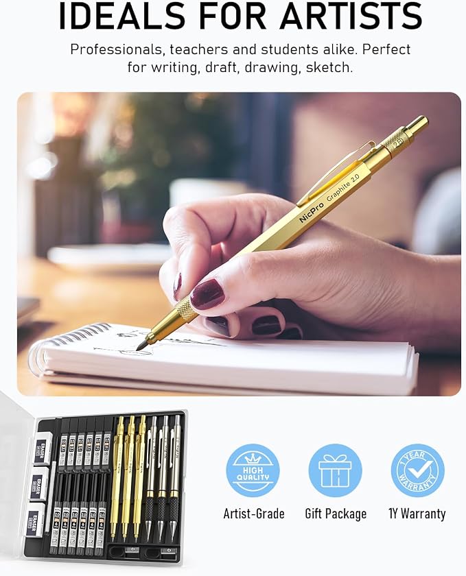 Nicpro Gold Art Mechanical Pencil Set | Metal Drafting Pencil 0.5, 0.7, 0.9mm & 2mm Lead Holder(2B HB 2H) For Sketching Drawing With Lead Refills Case