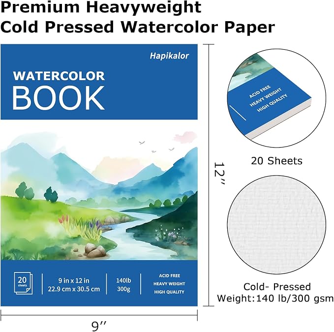 Hapikalor 2-Pack 9"x12" Watercolor Paper, 140lb/300g Water Color Paper Blue | Artist Painting Drawing Paper Book, Art Supplies for Adults Kids, Watercolors, Watercolor Paint Set, Sketchbook, Journal