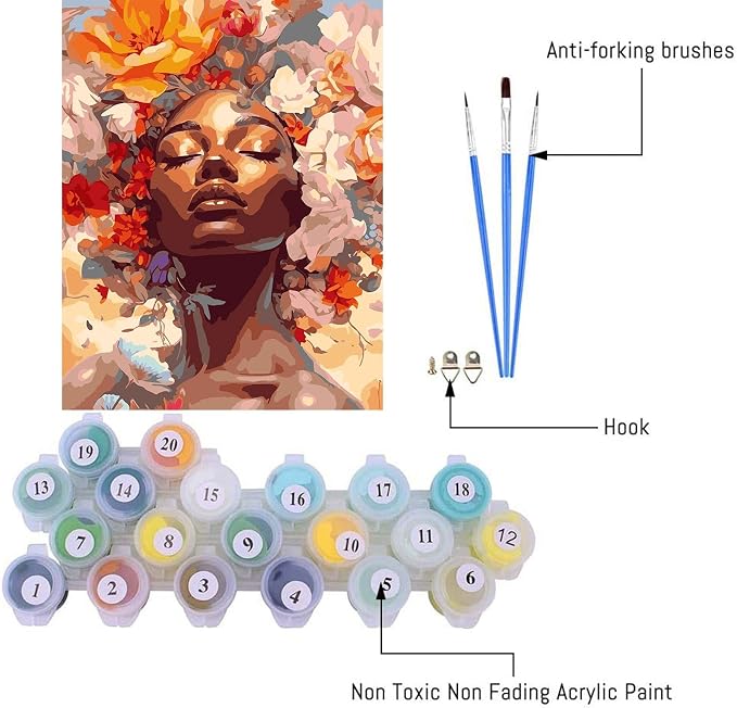 Clendo DIY African Woman Paint by Numbers for Adults Canvas, Flowers and Girl Paint by Number Kits on Canvas - Oil Painting Kits Arts and Crafts for Home Decor 16x20 inch(Without Frame)