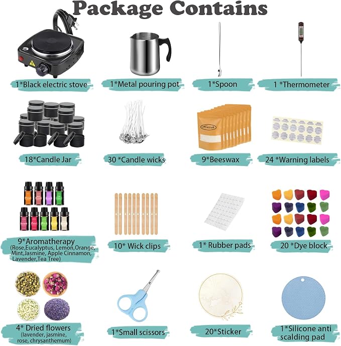 Complete Candle Making Kit With Wax Melter, Candle Making Supplies, Diy Arts&Crafts Kits Gift For Adults,Beginners,Including Soy Wax,Electric Stove,Wicks,Rich Scents,Rubber Pads,Wick Clips,Spoon, Etc.