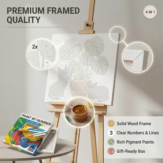 Amphol Framed Paint by Numbers Kit for Adults - 10x10 Inch Easy 4 Pack Potted Cat Framed Canvas Paint by Number for Beginners, DIY Acrylic Oil Painting Kits with Frame for Home Wall Decor Gift