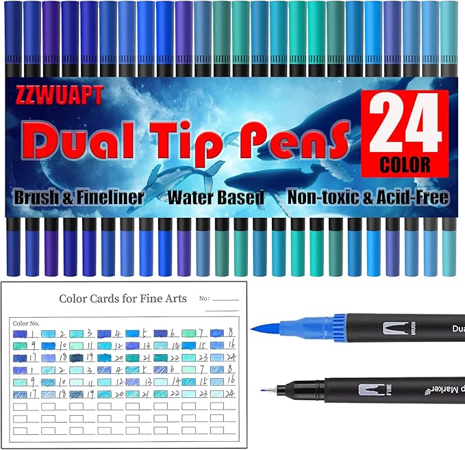 Blue Double Tip Brush Pens Art Markers,24 Colored Artist Fine Brush Pen Coloring Markers for Adult Drawing Art Craft Kit