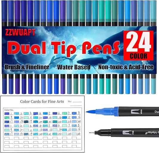 Blue Double Tip Brush Pens Art Markers,24 Colored Artist Fine Brush Pen Coloring Markers for Adult Drawing Art Craft Kit